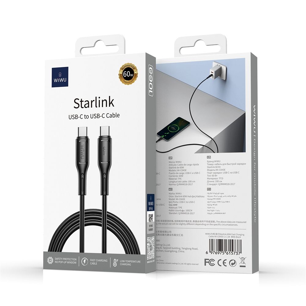 WiWU - Starlink Series Data Cable Wi-C043E USB C na USB C 60W - čierna 1 meter