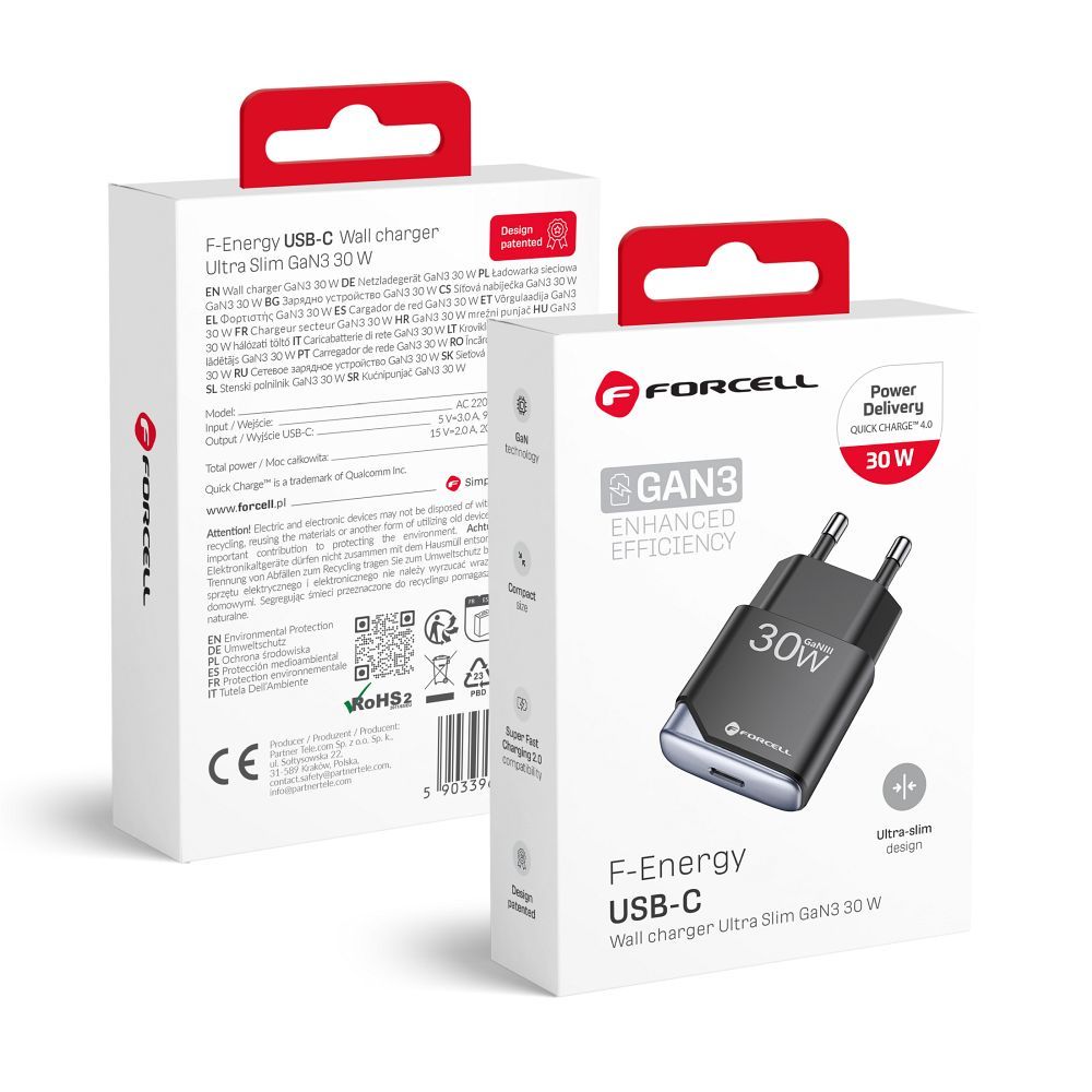 Sieťová nabíjačka Forcell F-Energy Ultra Slim GaN III USB C PD QC4.0 3A 30W B130101-E čierna