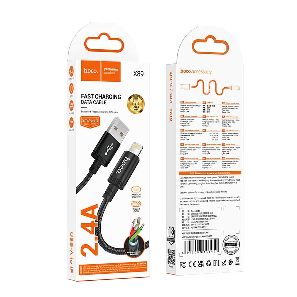 Kábel USB A na Lightning Hoco 2,4A 2 m X89 čierny