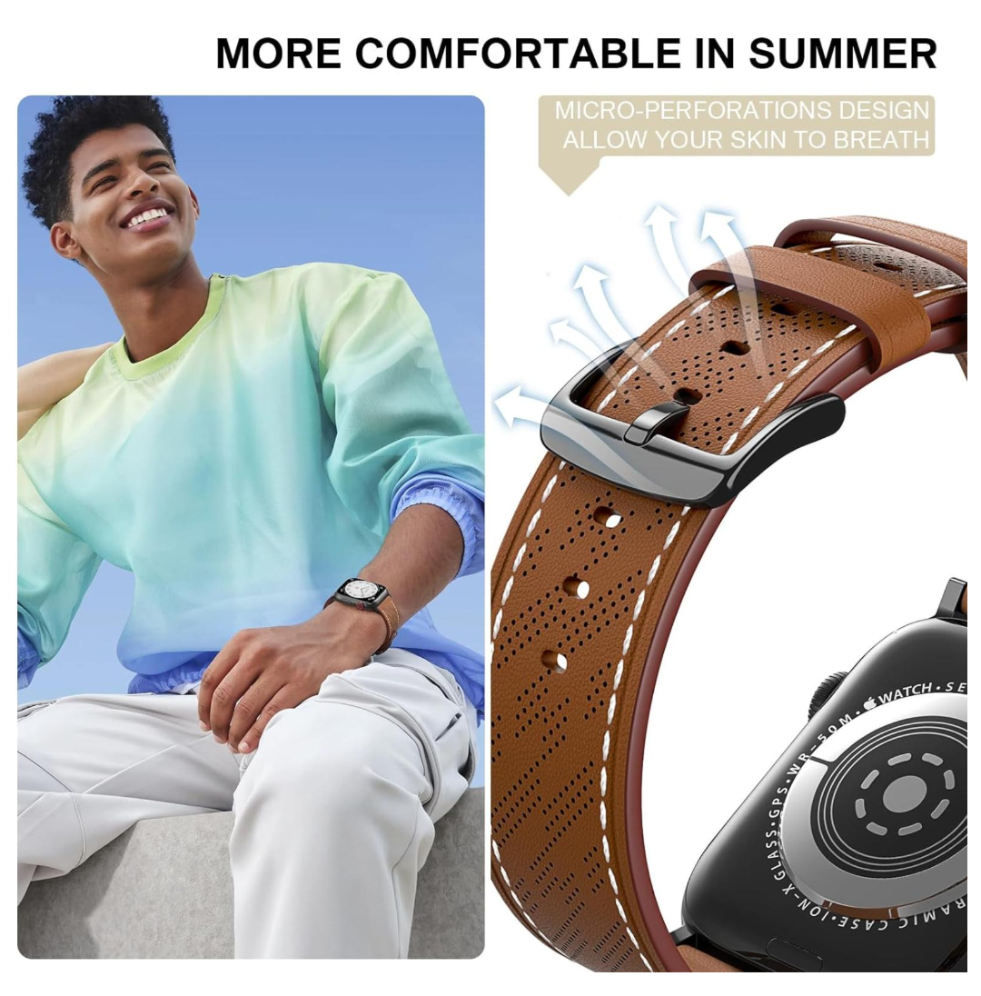 Kožený remienok pre Apple Watch 42 / 44 / 45 46 / 49 mm hnedý s bielou niťou