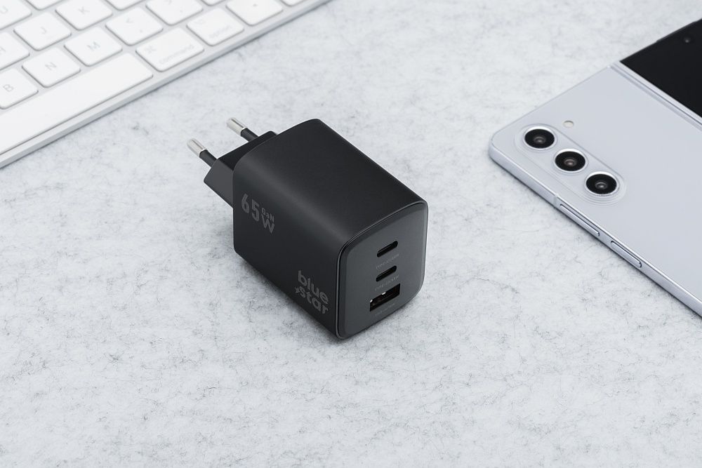 Nástenná nabíjačka Blue Star GaN 2 x USB C + USB A QC4.0 PD 4A 65W VT-43 čierna