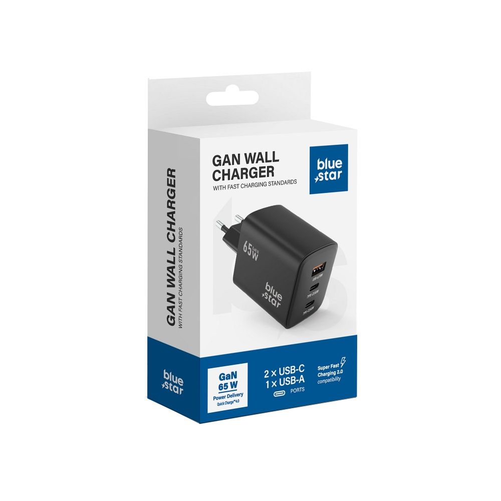 Nástenná nabíjačka Blue Star GaN 2 x USB C + USB A QC4.0 PD 4A 65W VT-43 čierna