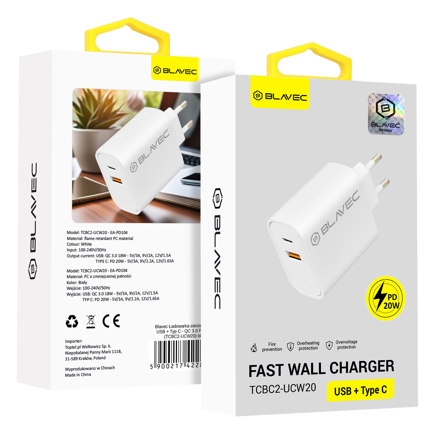 Blavec sieťový adaptér BC2 - USB + Typ C - QC 3.0 PD 20W (TCBC2-UCW20) biely