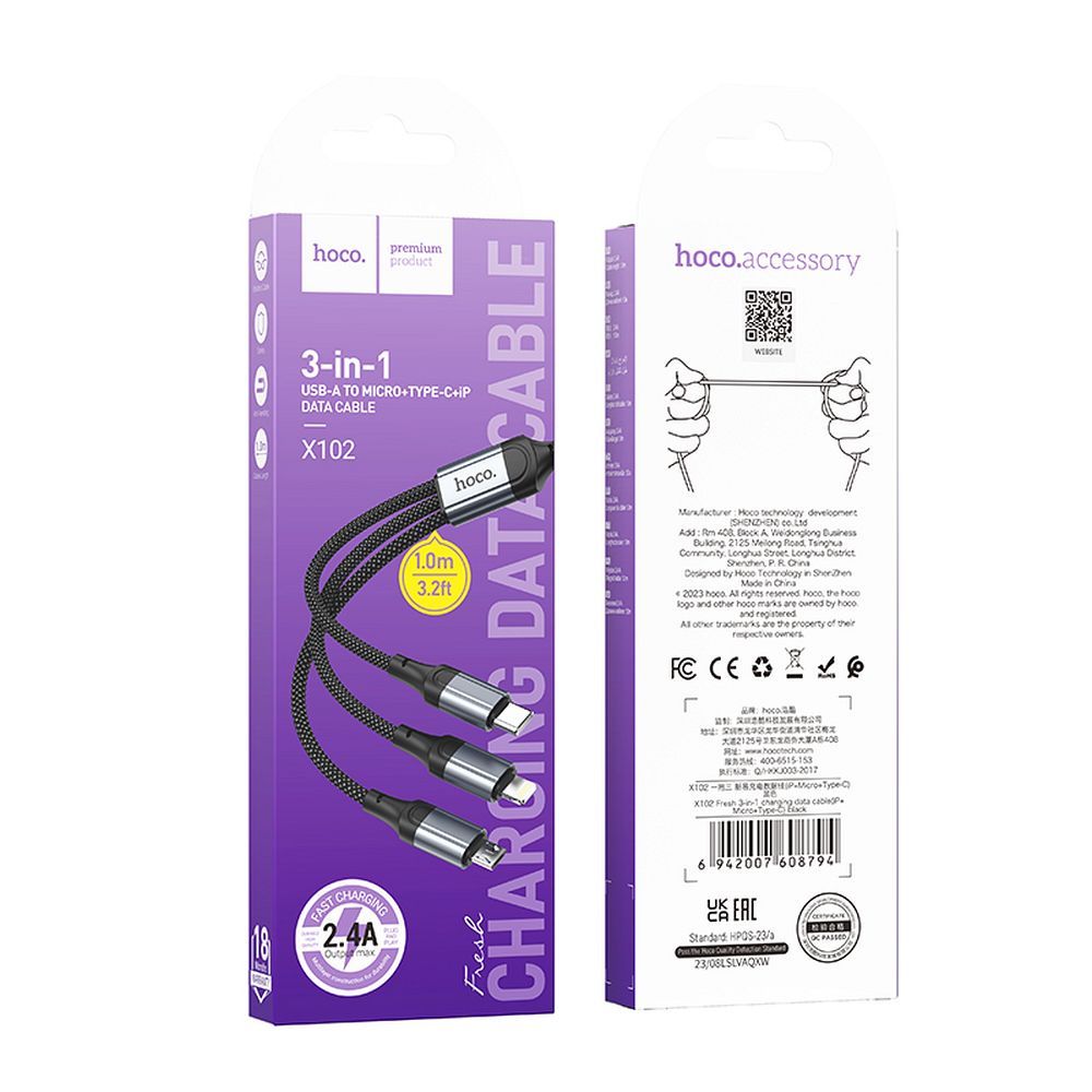 HOCO kábel 3v1 USB A na Lightning / Micro USB / Type C 2,4A X102 1 meter čierny