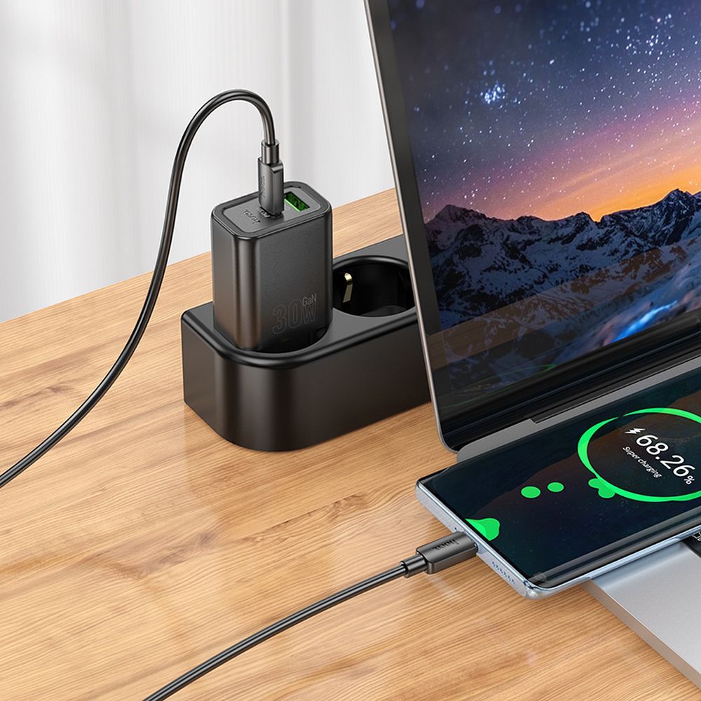 Hoco USB A + USB C QC3.0 PD 3A 30W N63 telefón nástenná nabíjačka, čierna