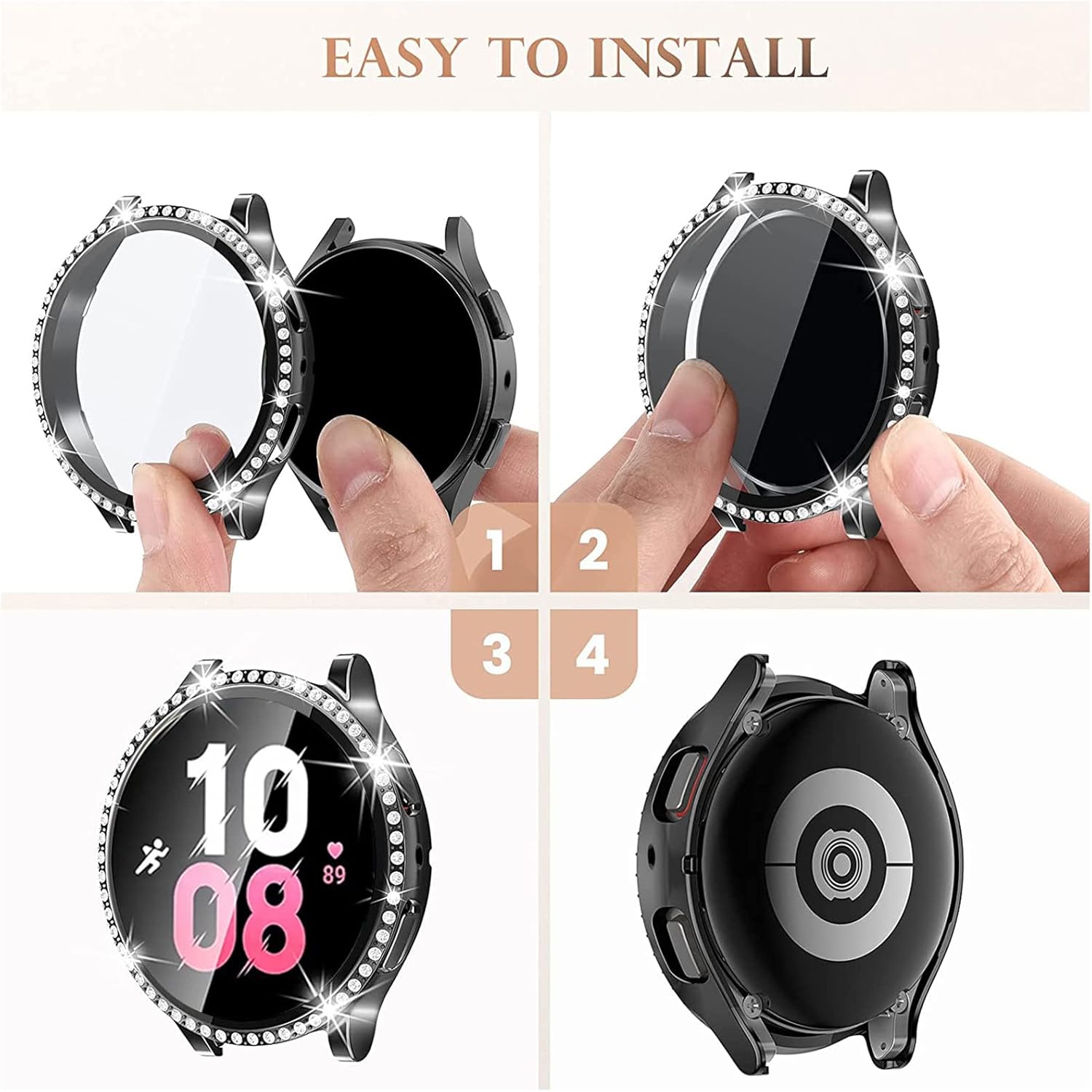 Samsung Galaxy Watch 5 / 4 40mm ochranná krytka so sklom čierna s kamienkami 2ks v balení