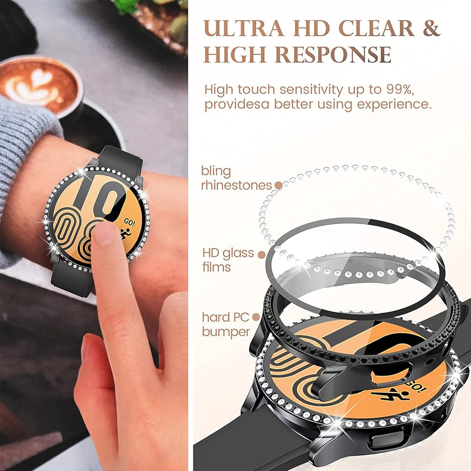 Samsung Galaxy Watch 5 / 4 40mm ochranná krytka so sklom čierna s kamienkami 2ks v balení