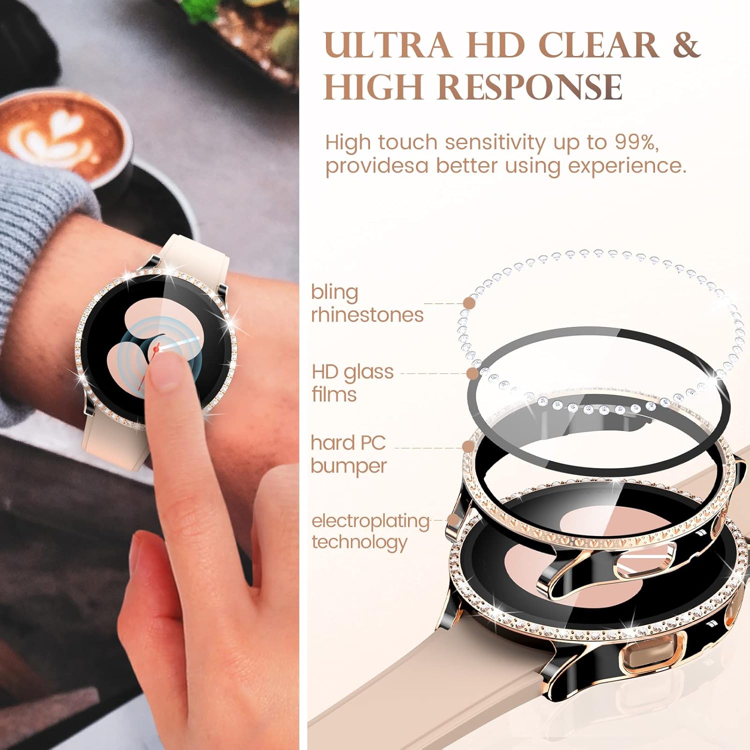 Samsung Galaxy Watch 5 / 4  44mm ochranná krytka so sklom čierno-zlatá s kamienkami