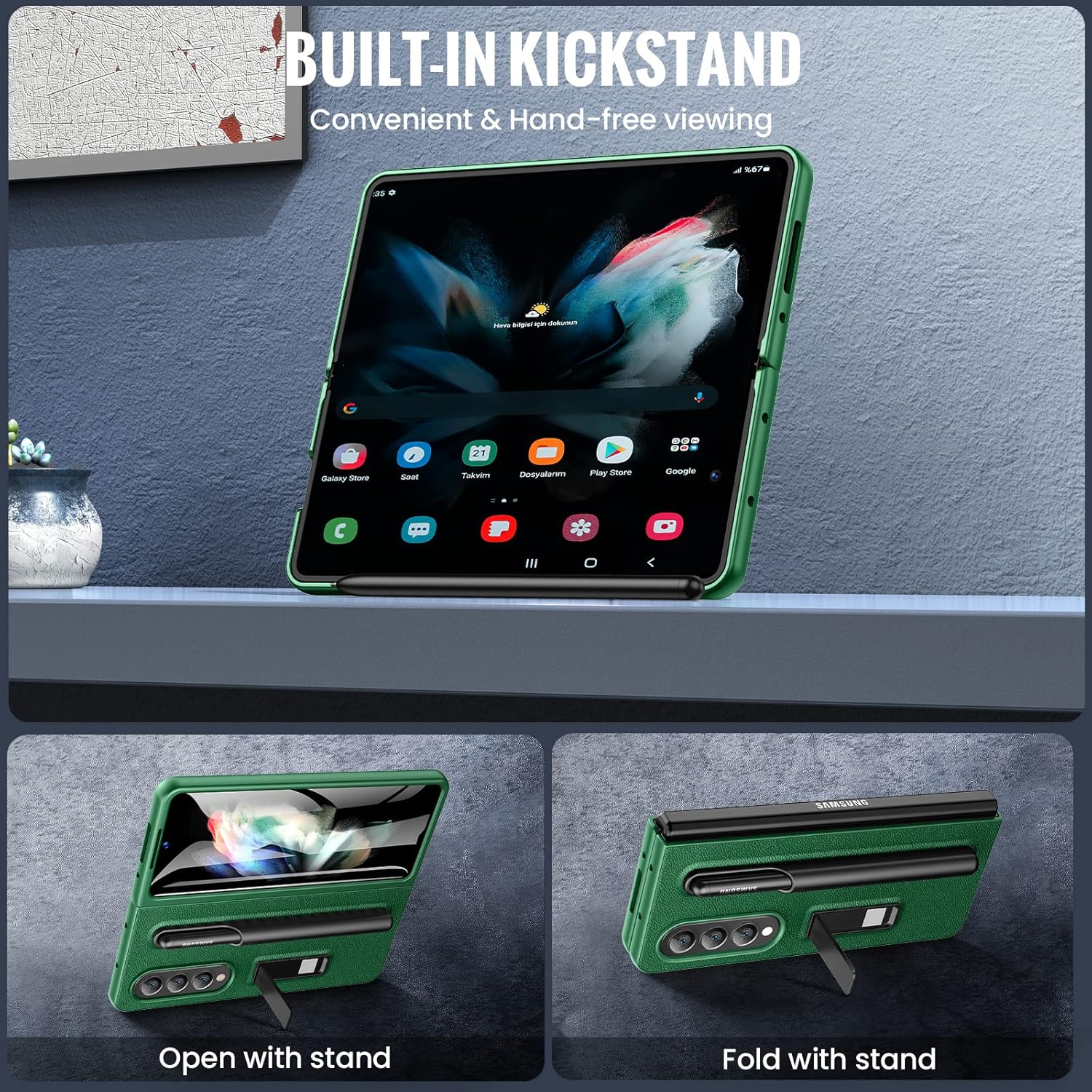 Samsung Galaxy Z Fold 4 elegantné púzdro s držiakom pre pero zelené