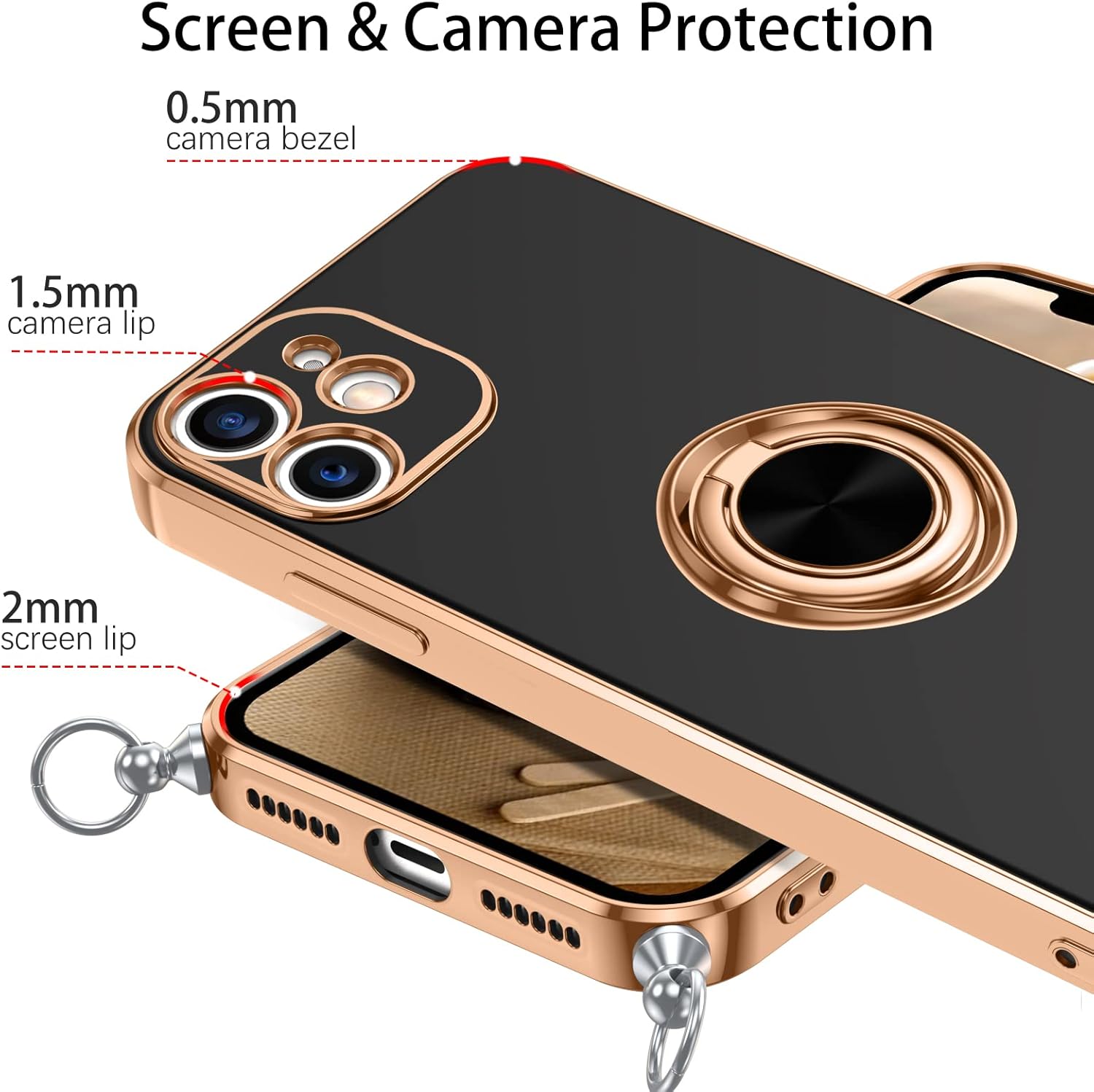 iPhone 11 zadné púzdro Ring čierne so zlatým lemom a šnúrkou