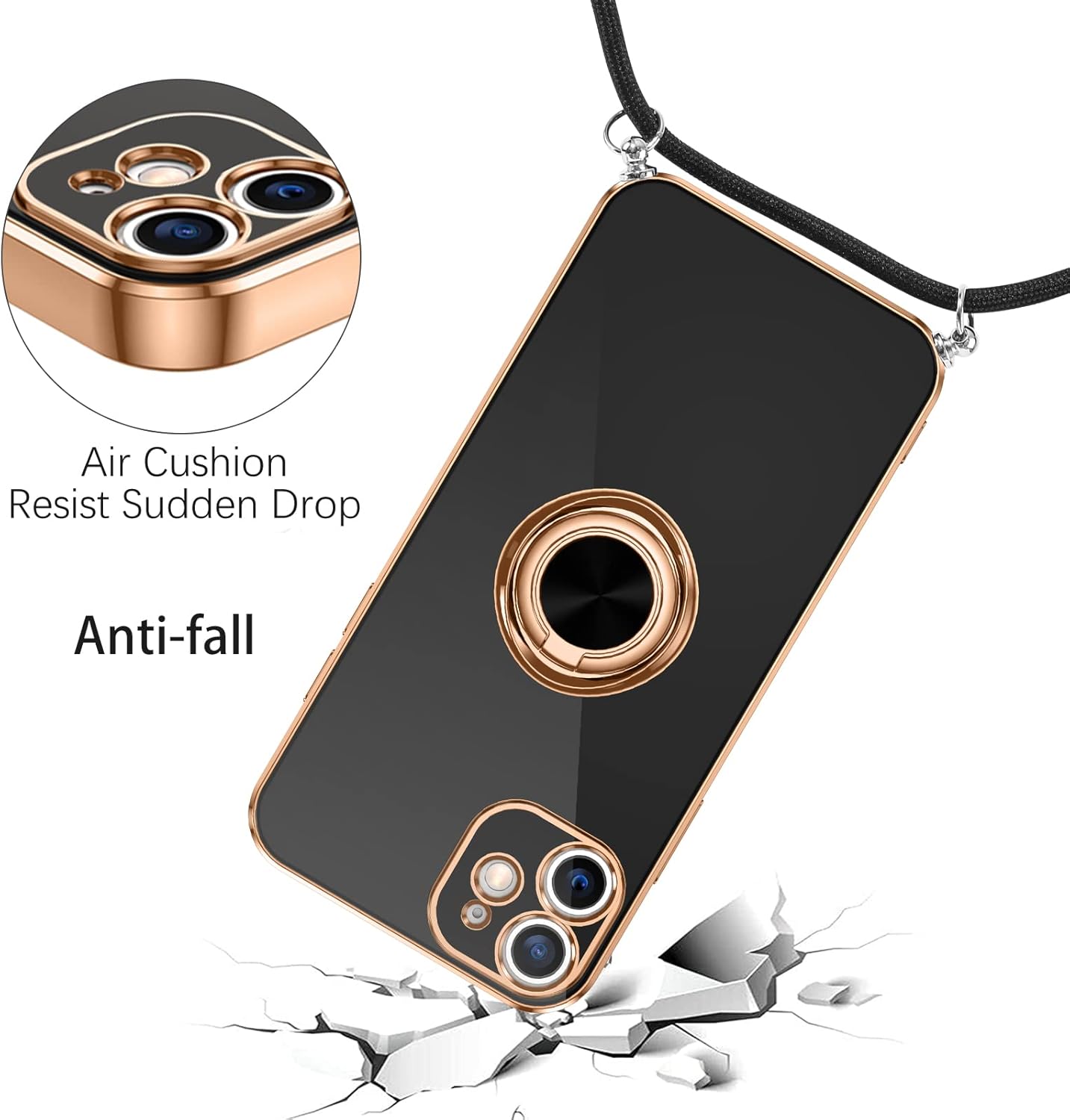 iPhone 11 zadné púzdro Ring čierne so zlatým lemom a šnúrkou