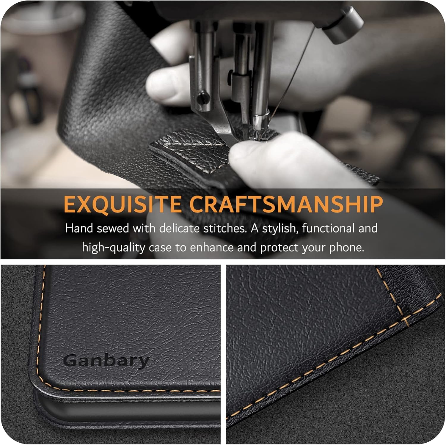 iPhone 12 / 12 Pro kožené prešívané púzdro Ganbary čierne