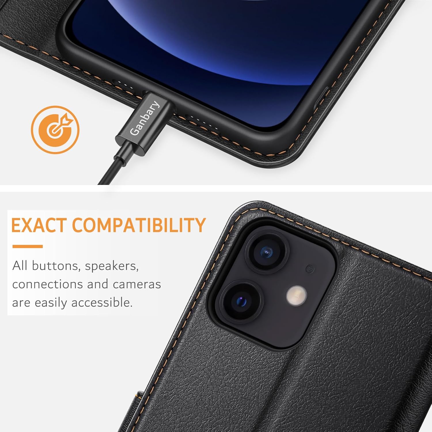 iPhone 12 / 12 Pro kožené prešívané púzdro Ganbary čierne