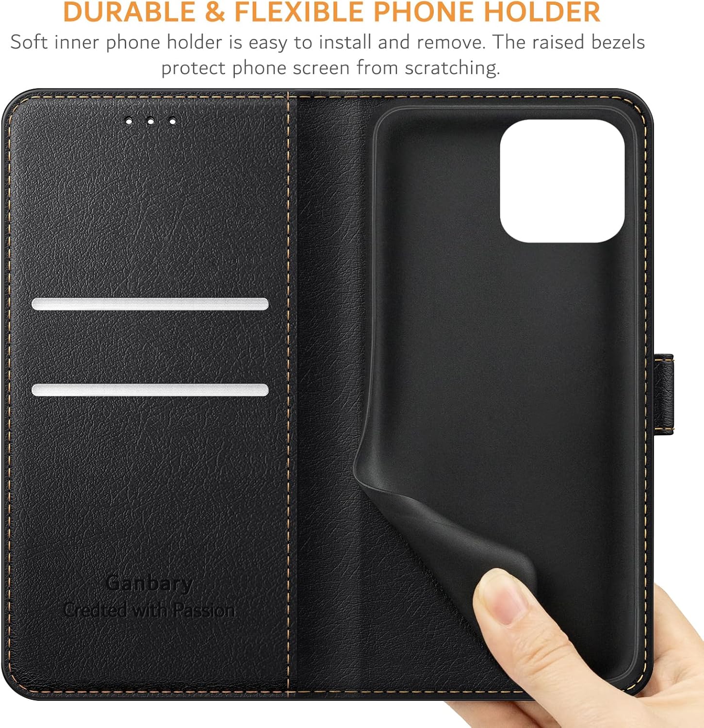 iPhone 12 / 12 Pro kožené prešívané púzdro Ganbary čierne