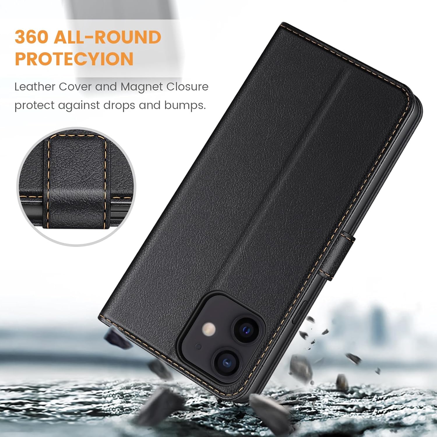 iPhone 12 / 12 Pro kožené prešívané púzdro Ganbary čierne