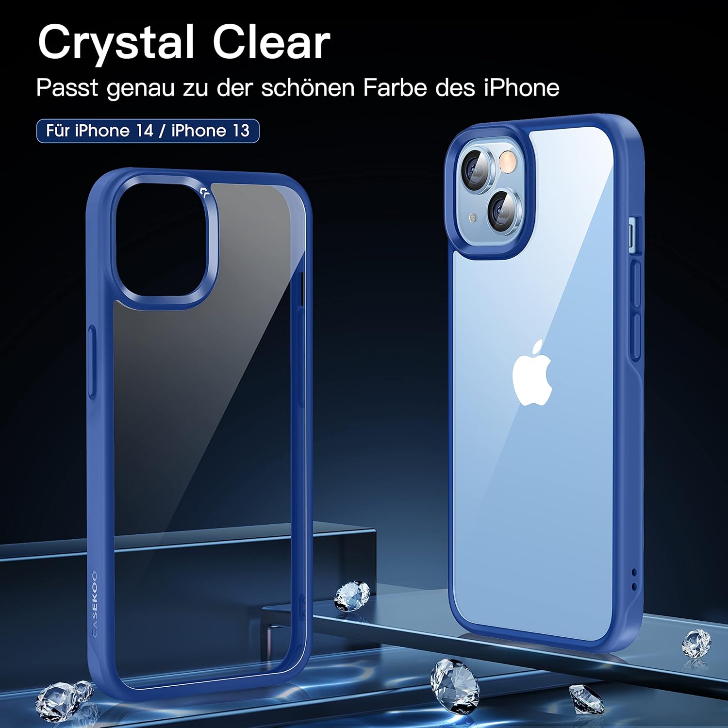 iPhone 13 / 14 zadné púzdro nežltnúce, priehľadné s modrým lemom