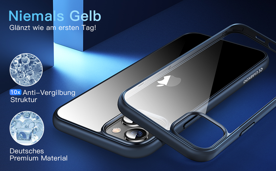 iPhone 13 / 14 zadné púzdro nežltnúce, priehľadné s modrým lemom