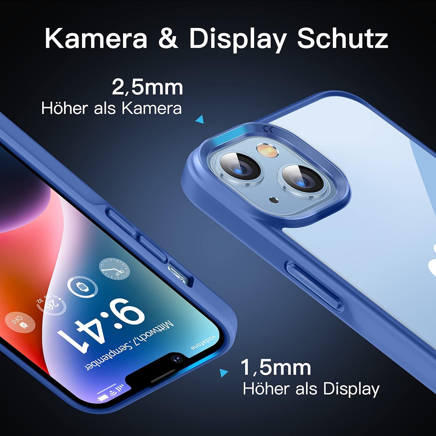 iPhone 13 / 14 zadné púzdro nežltnúce, priehľadné s modrým lemom