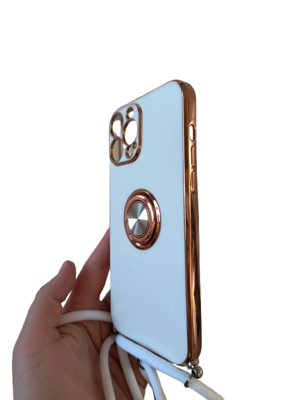 iPhone 13 Pro Max zadné púzdro Ring biele so zlatým lemom a šnúrkou