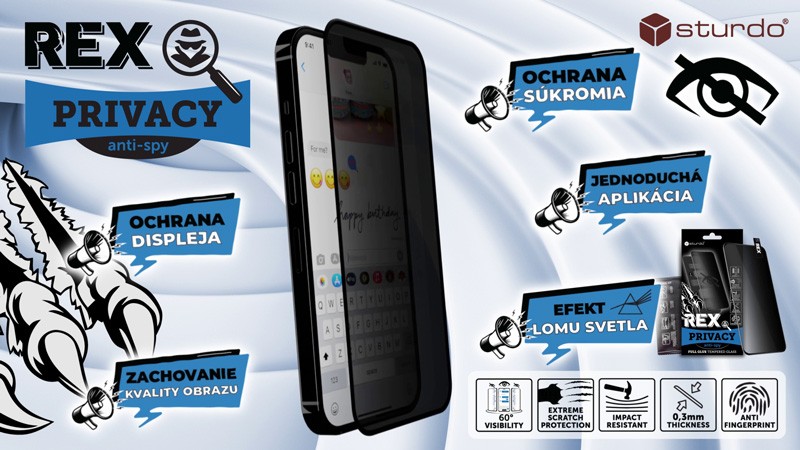 iPhone 17 Pro sklo Sturdo REX PRIVACY FULL GLUE