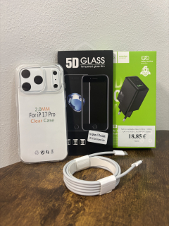 Štartovací balíček pre iPhone 17 Pro: 30W Rýchlonabíjačka + 2m Kábel + Priehľadný obal + Sklo