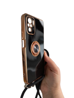 Xiaomi Redmi Note 10 4G / Note 10S 4G zadné púzdro čierne so zlatým lemom prsteňom a šnúrkou