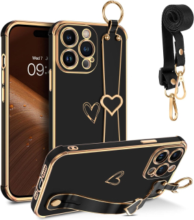 iPhone 14 Pro Max zadné gumené púzdro čierne s prackou a zlatým lemom