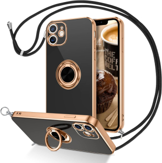 iPhone 11 zadné púzdro Ring čierne so zlatým lemom a šnúrkou